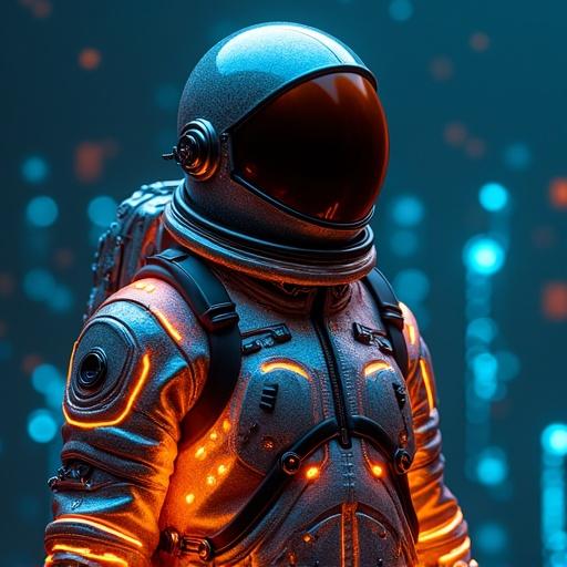 Pakistani man dressed in metallic space suit with glowing orange lights. Blue PCB patterns flow in the background. Astronaut helmet reflects ambient light. Focus on the fit design and space themes.