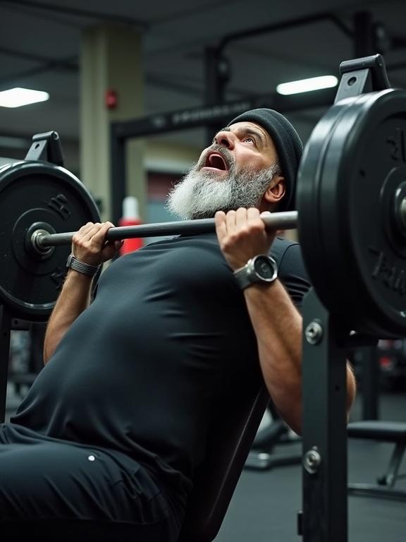 A man performs a bench press in a gym setting. Strong physique. Focused facial expression. Wearing fitness gear. Lifting heavy weights.