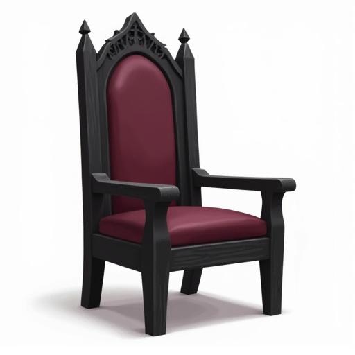 2D side view of a gothic chair. High backrest with low arch top. Minimal carved motifs. Black wooden legs. Flat burgundy cushion. Subtle wood grain textures. No lighting or shadows. Dark gothic style.