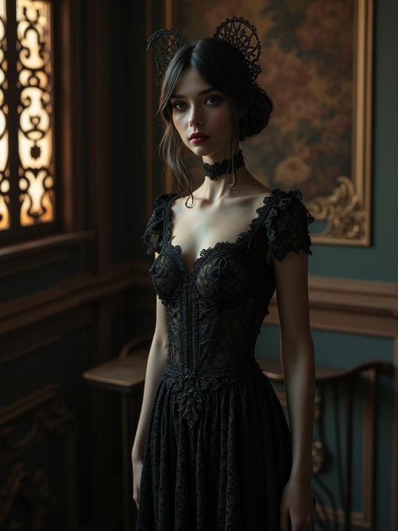Detailed portrait of a gothic woman in a black lace dress. She stands in an ornate Art Nouveau room. The lighting dramatically emphasizes her ethereal beauty.
