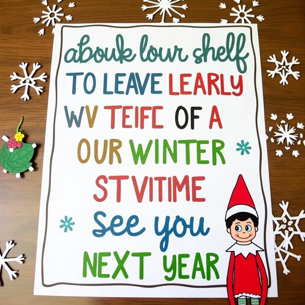 Note from Elf on the Shelf about leaving early due to winter storm. Colorful text written on white paper. Snowflake decorations around the note.