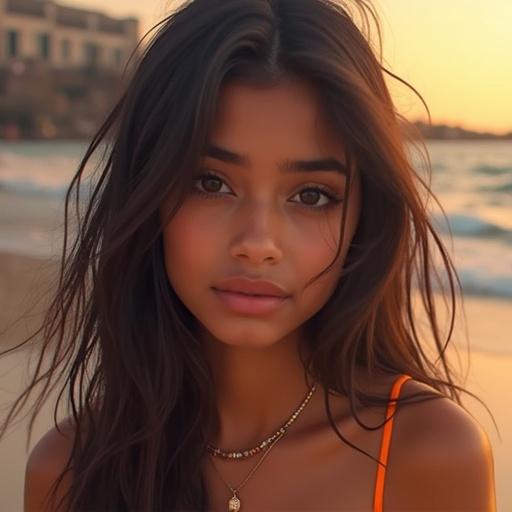 A selfie featuring an Indian girl with beautiful, long hair. She is near the beach during sunset. The scene captures warm lighting and golden hour tones. She is wearing a bright orange top. A necklace adorns her neck, enhancing her casual yet stylish look.