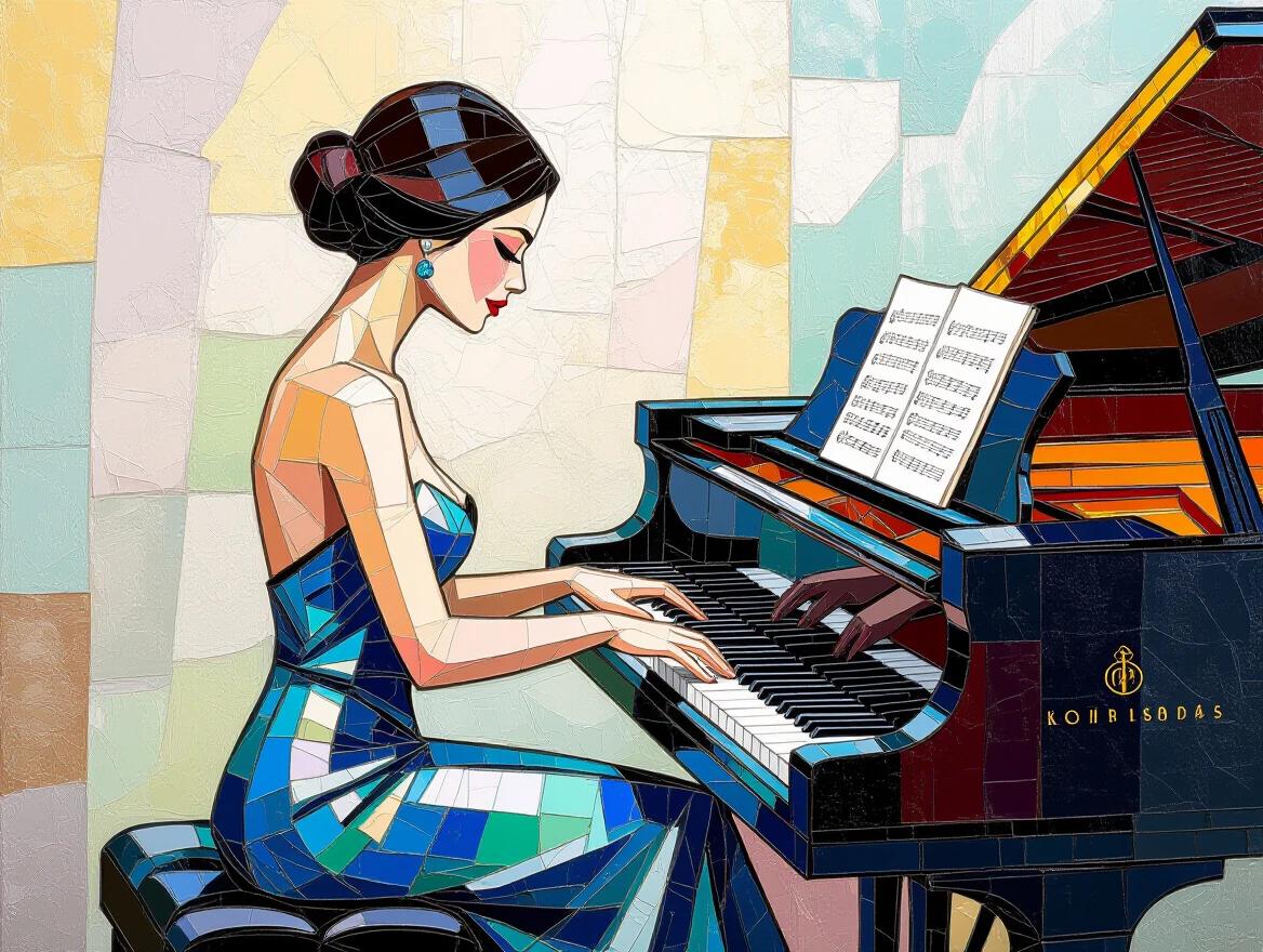 Woman playing piano with elegant fingers. Mosaic style emphasizes color and texture. Abstract interpretation of music performance. Ethereal and artistic atmosphere.