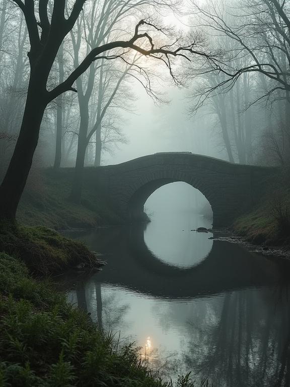 Serene misty forest scene at dawn. Arched stone bridge over calm reflective river. Soft diffused light creates ethereal atmosphere. Shadowy silhouettes of bare trees loom. Gentle greens of ferns and moss along banks. Balanced composition invites exploration. Color palette includes muted grays earthy browns subtle greens.