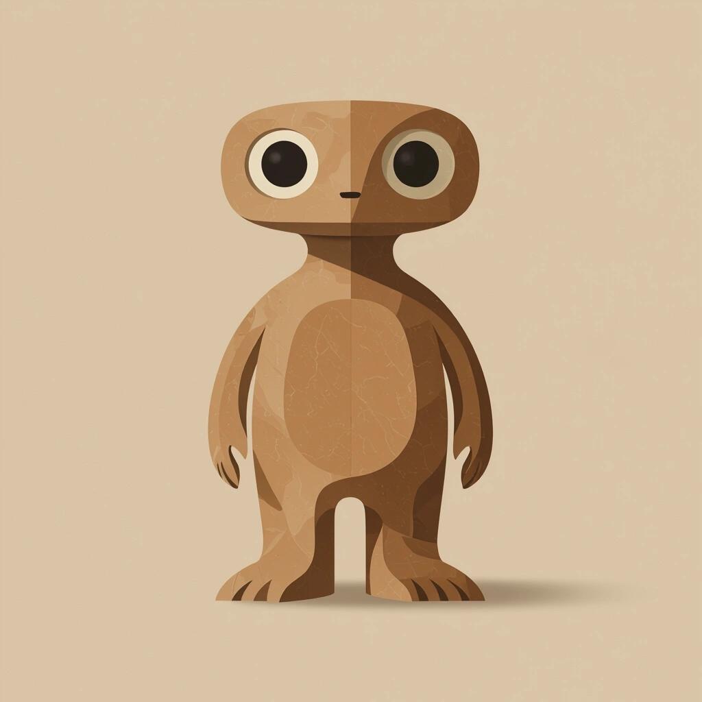 Minimalist design featuring a front-facing abstract character with earthy brown tones on a soft beige background. Character has bold, iconic shape and simple geometric lines with centered composition. Matte texture and smooth gradients enhance its futuristic yet organic aesthetic. Designed for premium streetwear with clean outlines and subtle shadows.