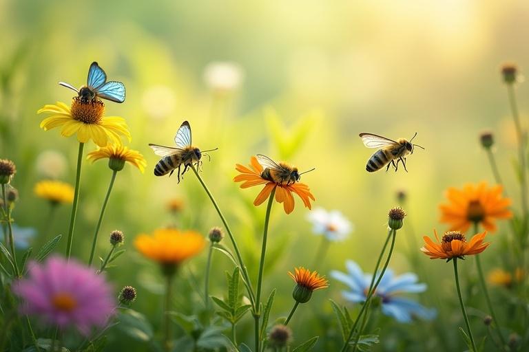 A grass field filled with wildflowers is vibrant. Bees with delicate blue wings flutter around these flowers. They sip nectar from the flowers. The image has a shallow depth of field. The flowers and butterflies in the foreground are sharply focused, while the background is a blur. The light is soft and diffused, creating a dreamy atmosphere.