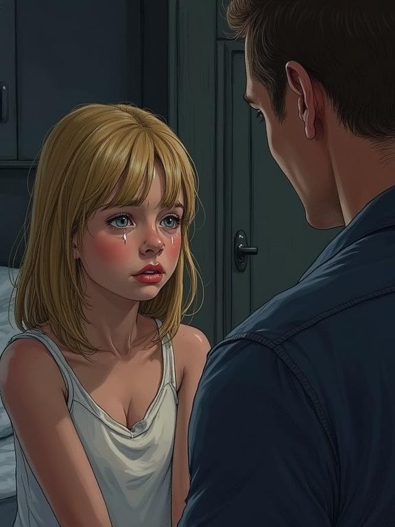 A close-up side view of a scared teenage girl with blonde hair sitting in a dimly lit bedroom. She has red cheeks and tears in her eyes, trembling lip, and looks upset while facing a middle-aged man. The atmosphere feels tense and emotional, resembling a scene from a psychological thriller.