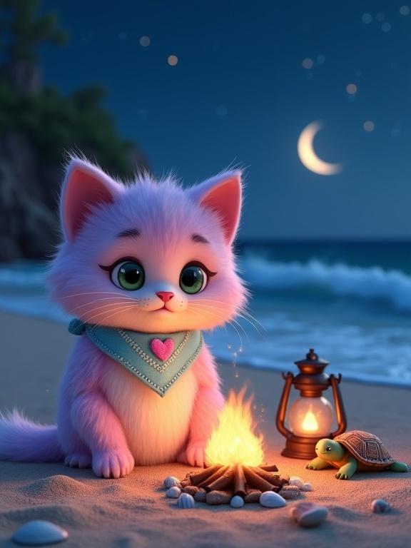 Fluffy anthropomorphic kitten with pastel pink and lavender fur sitting by campfire on beach at night. Kitten has large green eyes and wearing light blue bandana with a heart. Small turtle with blanket nearby. Ocean waves and moon in background. Peaceful magical atmosphere.
