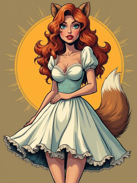 A comic book style illustration of a furry bride. The character has fox-like features and red curly hair. She wears a sultry mini dress with a neckline and a large bust. The background has a circular golden halo effect.