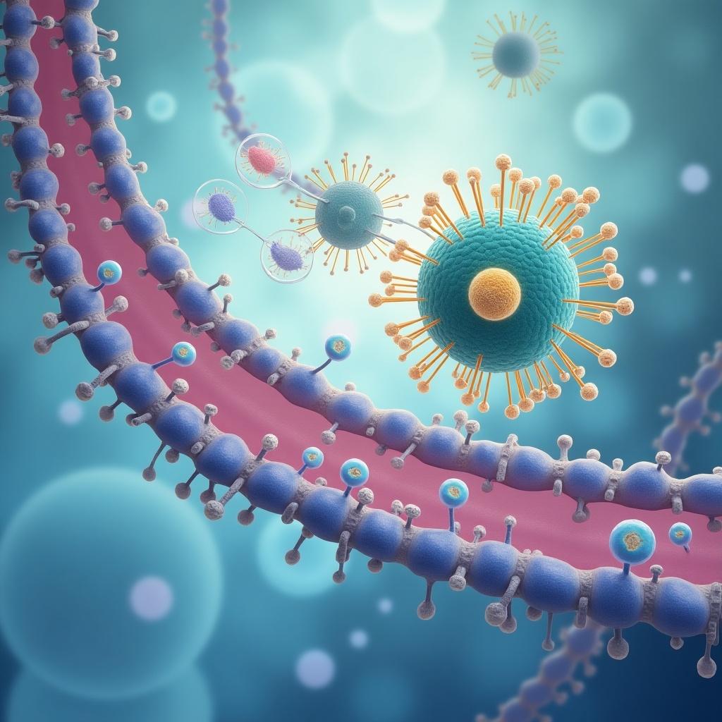 High-quality medical illustration highlighting synthetic polymers in cancer therapy. Depict polymer structures encapsulating chemotherapy drugs, symbolizing protection. Illustrate tunable polymer properties and selective targeting of cancer cells. Use a calming color palette with glowing effects.