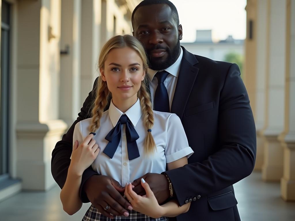 Young blonde woman in school uniform with pigtails. Standing closely with her boyfriend. He is a larger black man in formal attire. Both are smiling. Background is blurred.