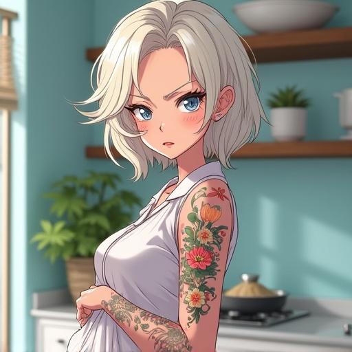 Anime illustration of a 2037 woman. Age is 52 years. Featured woman has frosted blue eyes, short light blonde wavy hair, and tattoos. She is in a luxurious kitchen wearing modern elegant maternity pajamas. Expression is grumpy. Half Japanese and Half Saiyan. Golden lotus printed. Pregnant with visible belly. Background has plants and modern decor.
