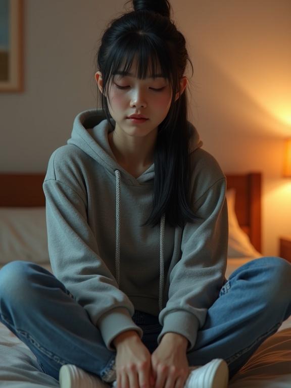 Cinematic lighting with soft shadows. Smooth skin textures and natural fabric detail. Expressive facial features with a warm color grading. Rendered in Unreal Engine style and enhanced depth of field. Filmic composition with realistic environment details. Soft bokeh in focus. 22-year-old woman features Korean traits. Faded gray hoodie layered over thrifted flannel shirt. Frayed jeans with scuffed sneakers. Long black hair tied in a loose ponytail. Pale, makeup-free face. Fatigued expression in cramped rooftop room. Alarm blaring beside a textbook. Vibrant colors and soft lighting maintained.