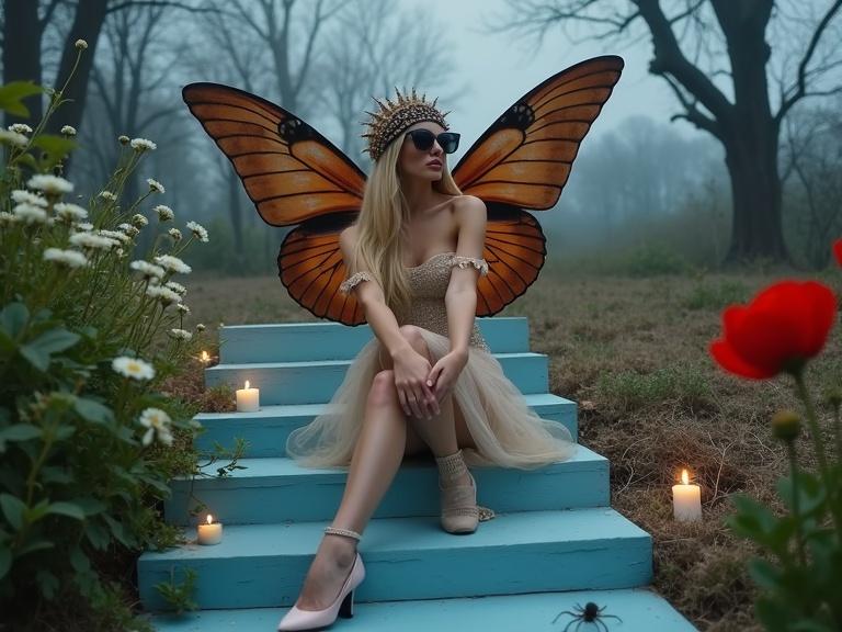 A woman with long blonde hair wearing vintage clothing sits on blue steps. She has dark sunglasses and an ornate crown. Large moth wings extend from her head. She poses elegantly with candles and flowers around her. The atmosphere is mystical with a serene forest backdrop.