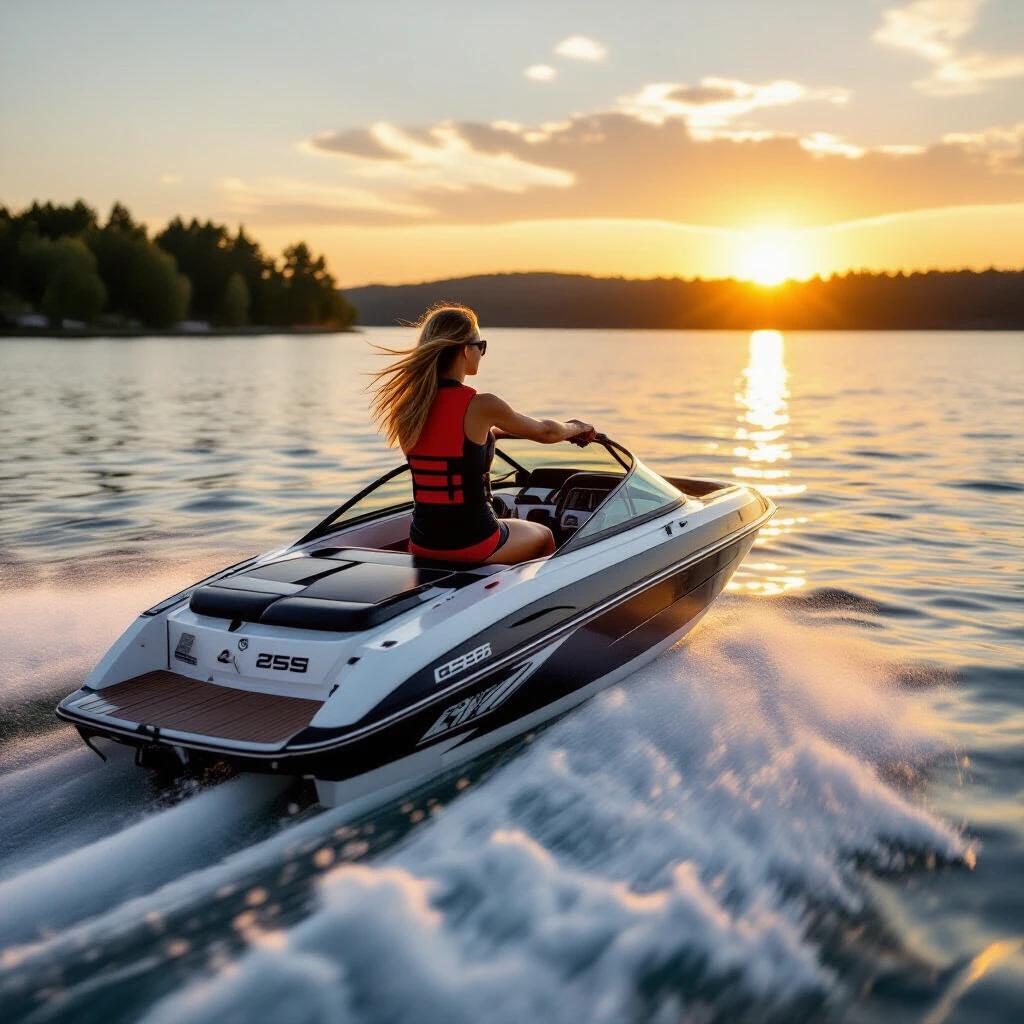 A woman engaged in wakeboarding on a speedboat during sunset. The setting features a tranquil lake surrounded by trees. The sun is low in the sky, casting a warm glow over the scene. The speedboat is speeding across the water, creating splashes in its wake.
