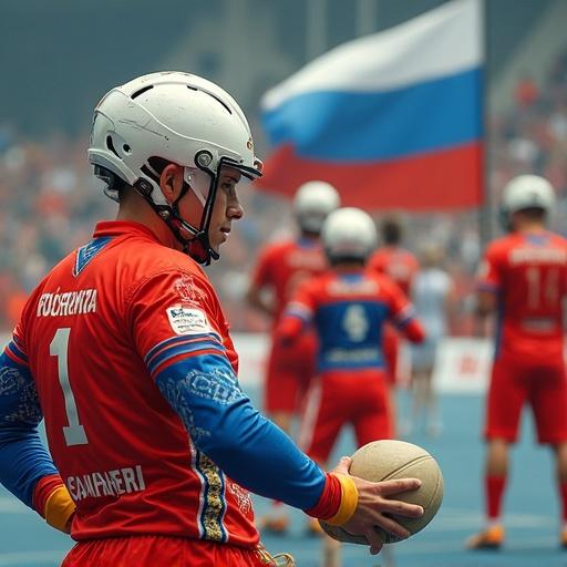 A festive postcard celebrating 101 years of Russian handball. Dynamic game scene featuring Russian athletes in motion. Ball in flight, grandstands adorned with Russian flags. Bright colors showcase a festive atmosphere and sports spirit. Text '101 years of handball in Russia' in stylish font. Artistic style with high quality.