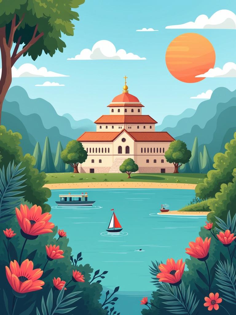 Illustration of a vibrant landscape featuring a castle-like structure near a body of water. Bright blue sky with a sun at the horizon. Lush green mountains in the background. Colorful flowers framing the scene. Boats sailing on the water. Friendly atmosphere with a focus on health and wellness tourism.