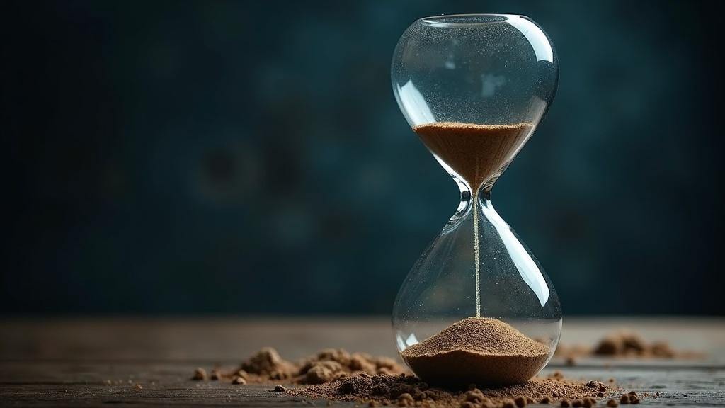 Dramatic image featuring an hourglass with sand almost run through. The hourglass is large and centrally placed. The background is dark and somber. The sand is dark brown representing pollution. The upper part is bright symbolizing a positive future. A blurred background emphasizes the hourglass. Quote 'Act Now!' is added in clear modern typography. High contrast colors enhance visual impact.