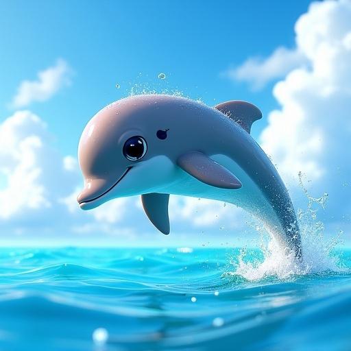 3D render in Pixar style. Charming bottlenose dolphin leaping out of azure ocean. Glowing skin with water droplets. Large expressive eyes and friendly smile. Bright blue sky with fluffy clouds. Warm sunlight reflecting on water.