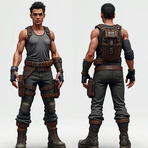 Video game character in a front and back view. Strong and muscular physique. Wearing tactical gear with unique accessories. Shows character's design and outfit details clearly.