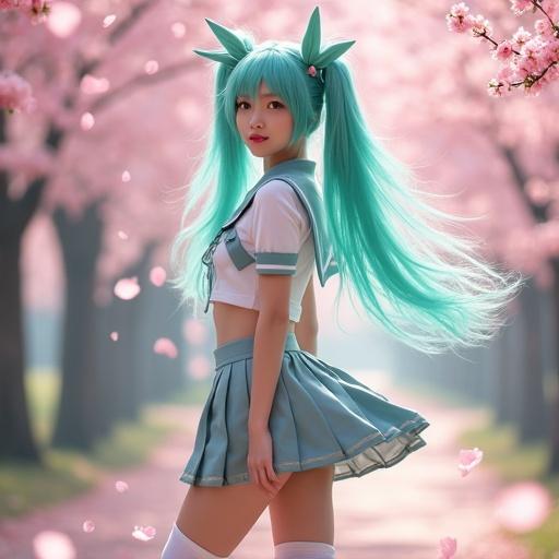 Full-body portrait of a girl cosplaying as Hatsune Miku in a sakura forest. The girl has vibrant turquoise twin-tails and bunny ear accessories. She wears a classic sailor uniform with a pleated skirt. White thigh-high socks are worn. Wind lifts the skirt hem. Cherry blossom petals are around her. Natural blush on skin. Cinematic lighting with soft shadows. Ultra-detailed photography with shallow depth of field.