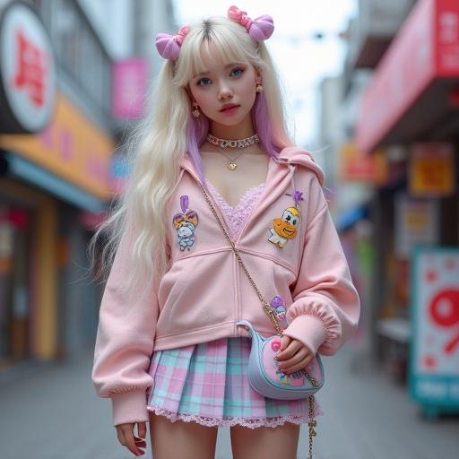 Full-body portrait of stylish young woman with long, flowing, wavy platinum blonde hair styled with clips and bows. She has fair skin, blue eyes, playful expression. Wearing oversized hoodie with character patches, layered over camisole, pleated plaid mini skirt, striped thigh-high socks, chunky platform shoes. Pastel choker, mismatched earrings. Casual stance on vibrant urban street in Harajuku, colorful shopfronts in background, soft focus lighting.