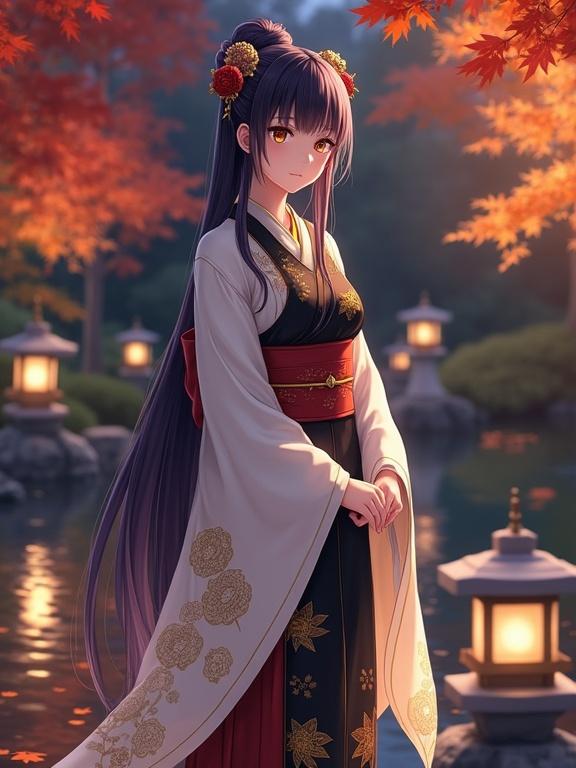 Full-body anime female character stands gracefully in illuminated Japanese garden at night during autumn. She has long dark violet hair styled in elegant updo with kanzashi. Her golden-yellow eyes display calm, confident expression. She wears luxurious kimono with intricate golden chrysanthemum patterns and black base, tied with deep red obi. She is near koi pond surrounded by fallen maple leaves, with soft lighting from stone lanterns casting warm glow. The scene is peaceful and magical, with reflections in the water and light shadows from foliage. Her pose is elegant and dignified.