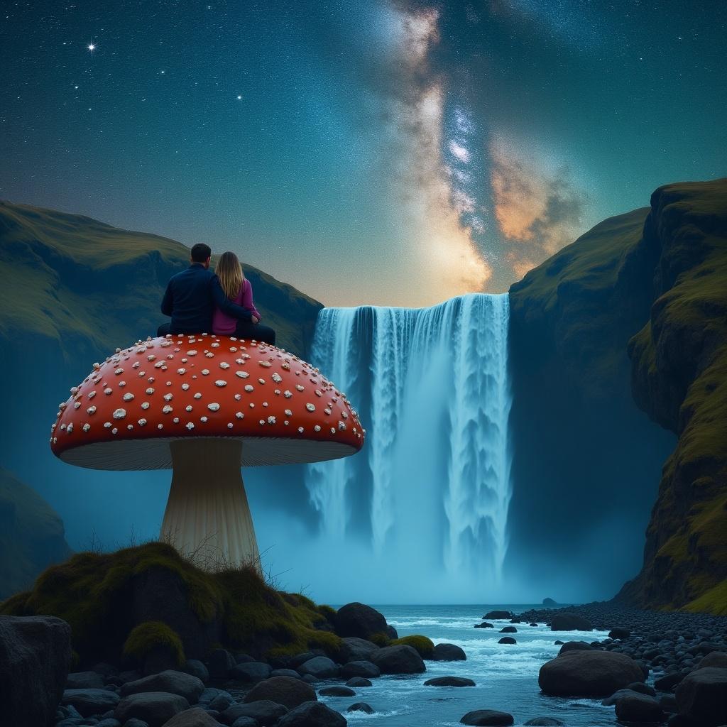 In a surreal landscape, a couple sits atop a giant mushroom, gazing at a majestic waterfall under a starry night sky. The scene is dreamlike with the Milky Way stretching across the sky, casting a soft glow over the rushing water. The juxtaposition of the oversized mushroom and the natural beauty of the waterfall creates a fantastical, whimsical atmosphere. The colors are vibrant and evoke a sense of wonder. This enchanting image invites viewers into a peaceful, magical world.