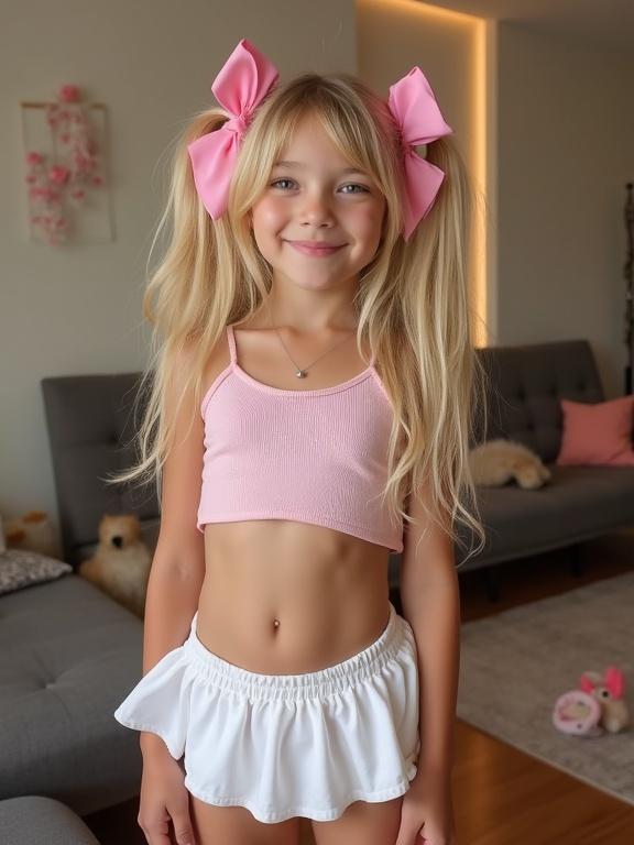 Young girl with long blonde hair styled in twin tails. She wears pink bows and a crop top. The setting is a living room. She has a slim waist and a smile. The image reflects a vibrant, playful vibe but appears low resolution with pixelation and saturation.