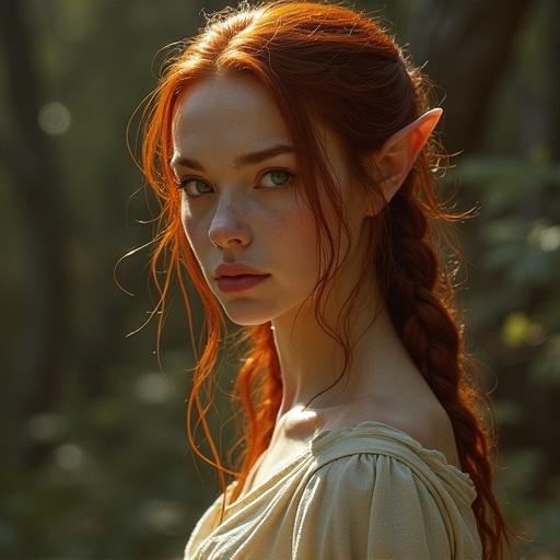 A wood elf woman in serene pose. Her amber eyes shine with warmth. A faint blush colors her cheeks. Wild auburn hair falls softly around her shoulders. She wears practical cleric robes that accentuate her form. Elegant movements suggest connection to nature. The setting evokes a mystical atmosphere.