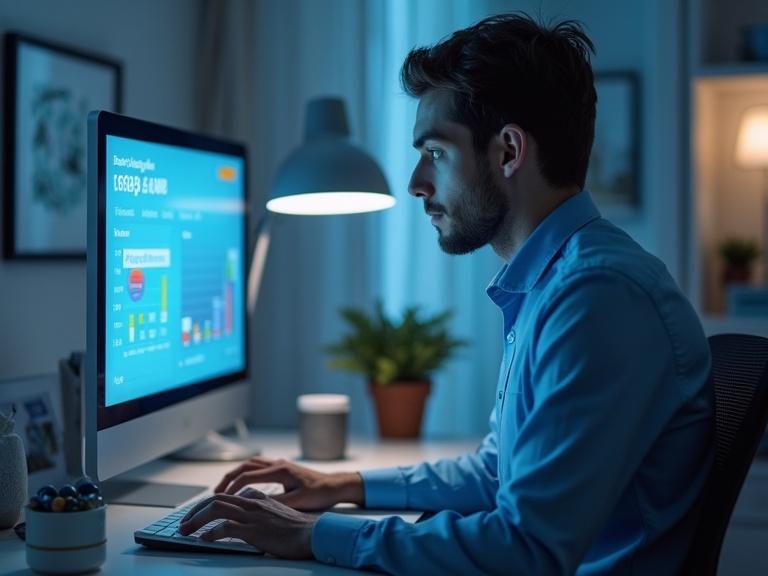 A focused man analyzes data on a computer screen during nighttime. The scene features a digital assistant interface displaying graphs related to sleep and calendar events. Ambient lighting is present in a modern workspace.