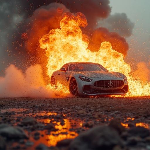 A car explodes dramatically in a field of debris. Flames and smoke engulf the scene. The vehicle is a modern sports car. Bright colors contrast with dark smoke. Dust and rocks scatter around.