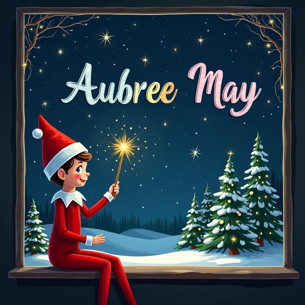 The image depicts an Elf on a Shelf sitting in a window, gazing outside at beautifully lit Christmas trees. In the night sky, the name 'Aubree May' is magically written in colorful cursive letters. The elf, dressed in a red outfit with a pointy hat, holds a sparkling wand as he writes. The background features a serene winter landscape with snow and twinkling stars. Soft lighting creates a warm and enchanting ambiance.