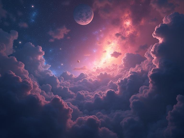 A highly detailed and vibrant skybox for a game. The image features a mixture of fantasy elements with a planetary nebula in a high resolution. Soft clouds and sparkles fill the scene.