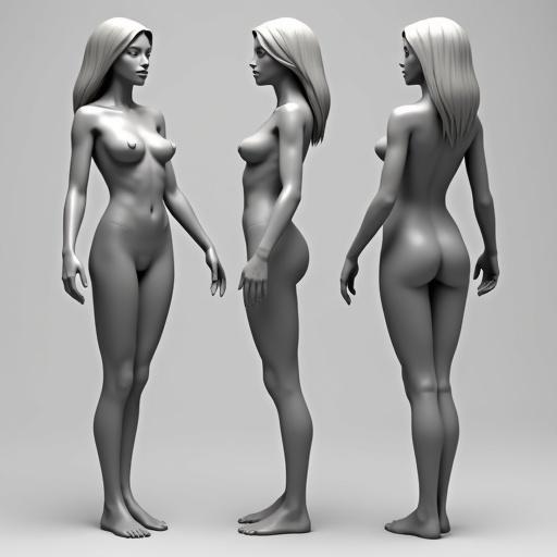 3D sculpt of a feminine character shown from front side and back view. Figure displayed in A-pose. Hourglass body shape emphasized. Rendered in clay style. Character datasheet shown. Soft lighting creates gentle highlights.