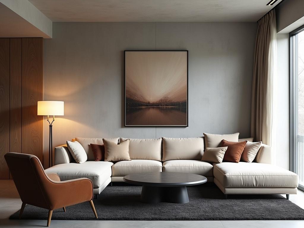 This is a modern and cosy living room. The walls are made of a smooth, grey concrete, creating a minimalist background. A large, soft beige sectional couch dominates the space, inviting relaxation. In front of the couch sits a sleek, oval coffee table that adds to the modern aesthetic. A unique, brown upholstered chair stands nearby, adding a touch of comfort. The room is softly lit by a stylish floor lamp, enhancing the warm atmosphere. An abstract piece of art hangs on the wall, adding visual interest to the decor. A dark rug plays against the lighter furniture, creating a balanced look.