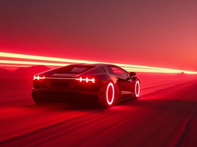 Vibrant red light with a futuristic Lamborghini in a desert. Car has laser light wheel rims. Car is moving at speed leaving a long laser light trail.