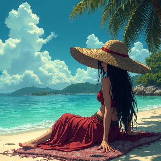 1990 Anime Retro style. Influences of Gothic Horror and Dark Fantasy. Character resembling Nico Robin from One Piece. Woman relaxing alone on the beach with long black hair. Wearing a wide-brimmed straw hat and a red dress. Calm turquoise water and tropical scenery.