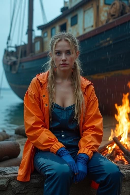 Scene of a crash-wrecked fishing boat on a tropical island. Attractive young woman has long blonde hair in pigtails. She wears an orange raincoat, navy blue latex dungarees, and gloves. Sits by a campfire in the ship's hull. Clothes and skin are soaked from rain.