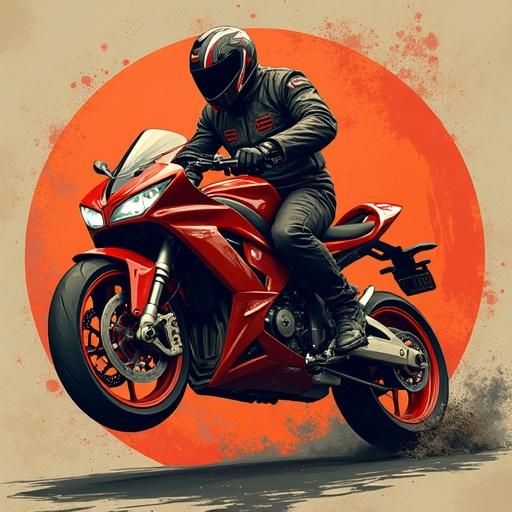 Motorcycle rider performing a stunts in a stylized manner. Vibrant colors and an energetic atmosphere emphasized. Rider in full gear on a sportbike soaring in the air. Eye-catching design with a bold background.