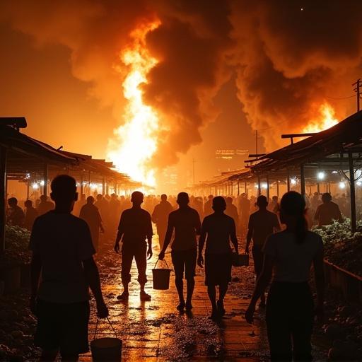 Dramatic scene of traditional market on fire at night. Wooden stalls collapsing engulfed in flames. Thick black smoke billowing into sky. Bright flames reflect off terrified faces of vendors and customers. People pass buckets of water to douse fire. Expressions are tense and sweaty. Goods burned on ground, some frozen in shock or shielding children. Young woman screaming mid-yell 'Kebakaran..!!'. Intense high-contrast lighting, chaotic atmosphere.