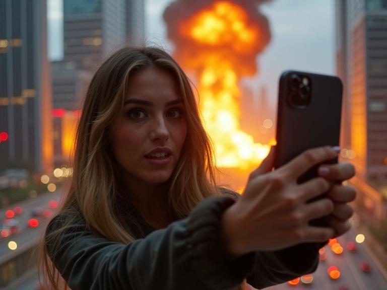 A young woman with long hair holds her phone for a selfie. An explosion erupts from a nearby building. Her expression shifts from playful to terrified. Smoke billows and debris scatters. The atmosphere thickens with tension and sirens wail.