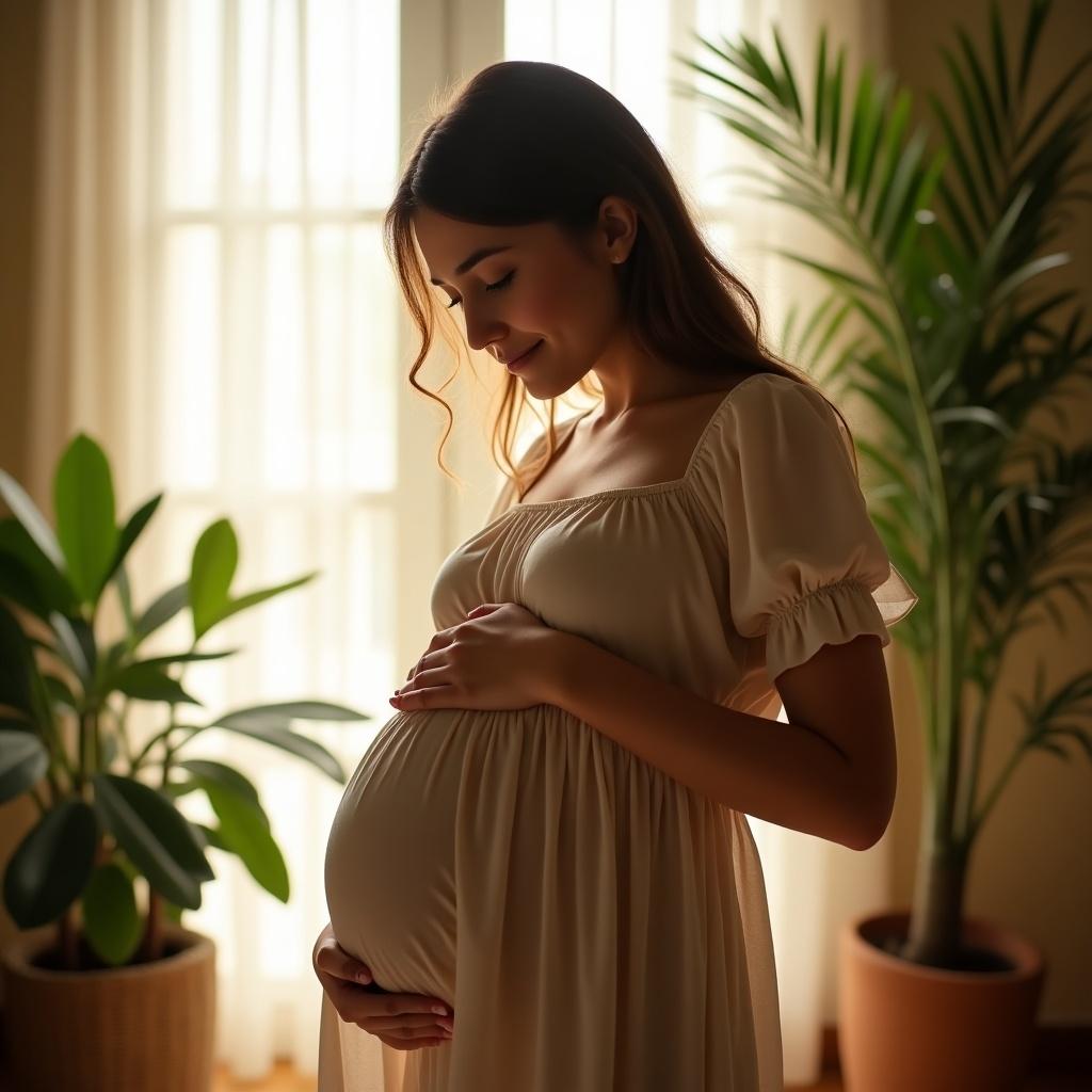 A pregnant woman stands gracefully in a softly lit room, gently cradling her belly. She wears a flowing, loose-fitting dress that highlights her pregnancy. Around her, lush green plants add a touch of nature to the scene. The sunlight filters through sheer curtains, casting a warm glow. The atmosphere is serene and peaceful, reflecting the beauty of expecting motherhood. This intimate moment captures the joy and anticipation of pregnancy.