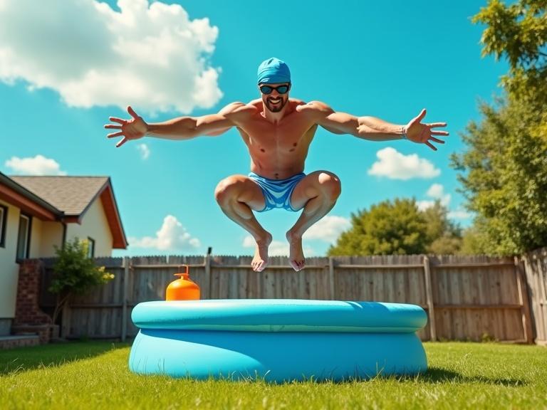 Muscular man in retro blue diving cap and goggles jumps mid-air over vibrant inflatable pool. Arms extended for balance. Bright backyard under clear blue sky. Lush green grass and wooden fence. High-energy 80s style with strong lines. Crisp lighting and high texture.