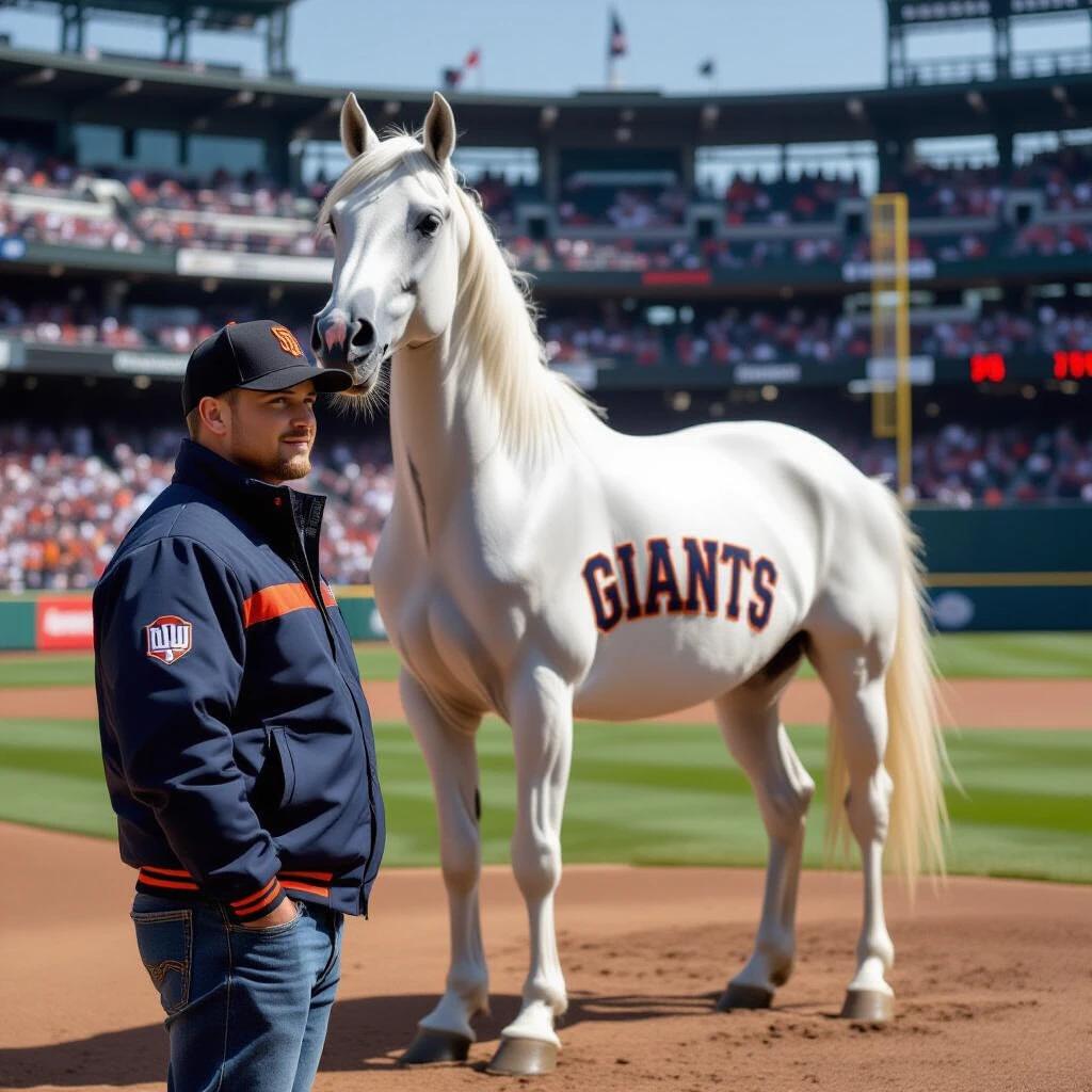 White horse in a baseball field next to a man. The man wears a black cap. He has short hair with fade. He has a blue satin bomber jacket with Giants on the back in large letters. He wears slightly loose light denim jeans. The setting is a baseball stadium in Spain in 1987. The aspect ratio of the image is 16:9.