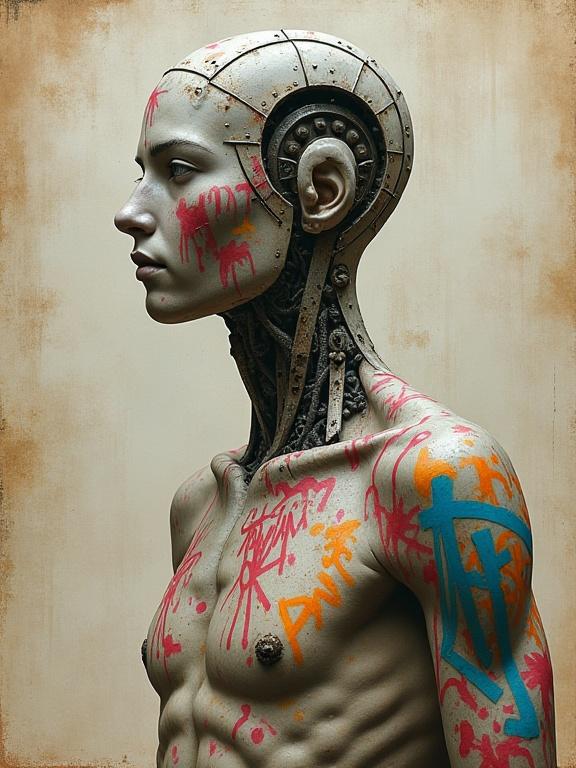 A portrait of a metallic construct covered in colorful graffiti. The body displays bright graffiti art. The subject appears like a marble statue without gender. The background smoothly transitions into worn parchment paper. The art is digital, inspired by Antonio J. Manzanedo, with a fantasy and semi-realistic fill and an epic medieval theme.