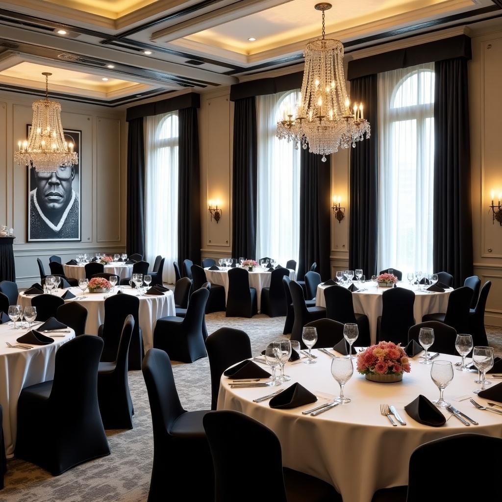 This image showcases an elegant banquet room designed for formal events. The room features large, floor-to-ceiling black-and-white photographs of African American graduates, adding a cultural touch. Tables are elegantly set with white table linens and black napkins, creating a sophisticated contrast. The ambience is enhanced by soft lighting from stylish chandeliers. Overall, the space is perfect for upscale gatherings and celebrations.