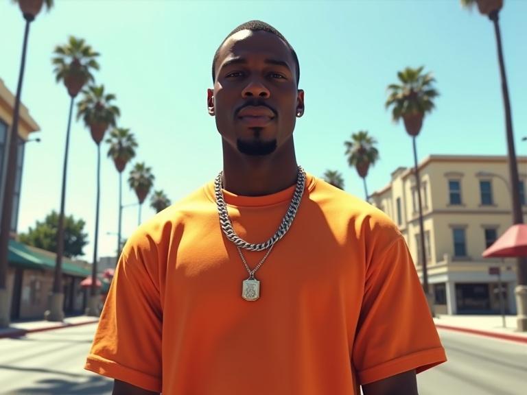 A confident Black male rapper stands on a bright Los Angeles street during the day. He has a bright orange t-shirt. The lighting is bright and even without shadows. The background is a gritty LA street scene with palm trees. The composition is sharp and vivid with bold outlines and colors. The style is inspired by the GTA 5 aesthetic.