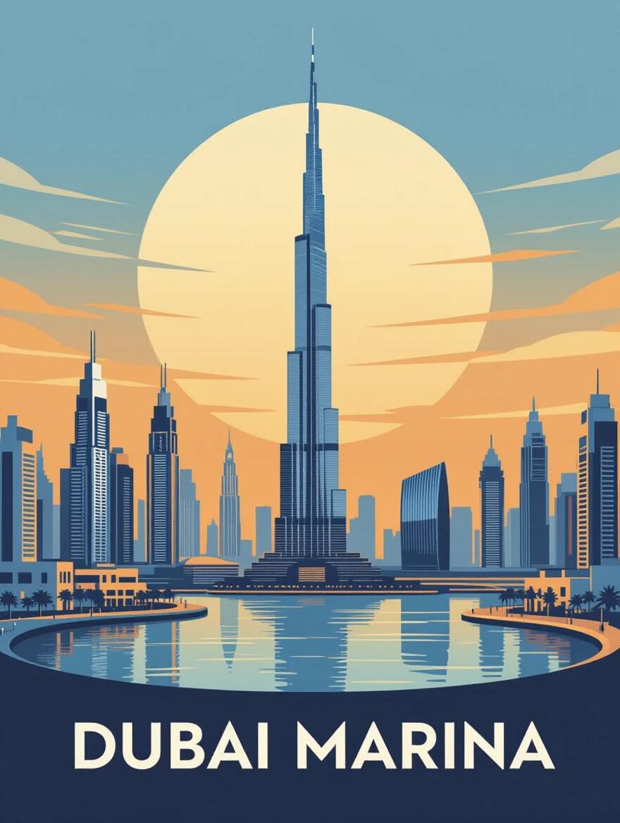 Minimalist illustration of Dubai Marina landmark featuring Burj Khalifa in a calm serene setting. Clean lines are used with a sophisticated color palette of blue and orange. The name 'Dubai Marina' is elegantly integrated into the design.