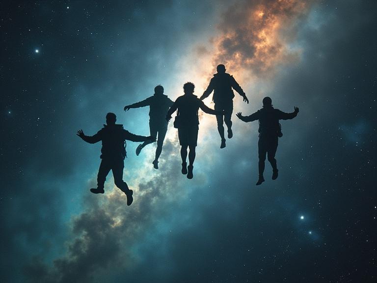 Group of five silhouetted individuals floating in outer space. Stars and cosmic clouds in the background. Humans appear to be weightless and mid-air. Scene conveys adventure and exploration.